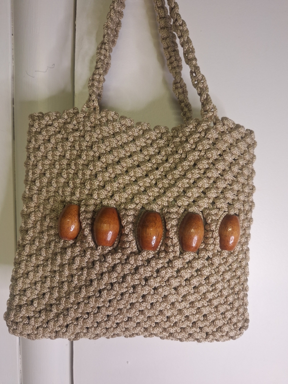 Beige Handwoven Crochet Clutch with Wooden Bead Detail